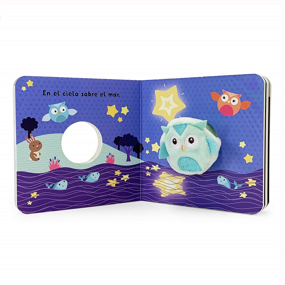 libro infantil colorido con ilustraciones de animales y estrellas en la noche