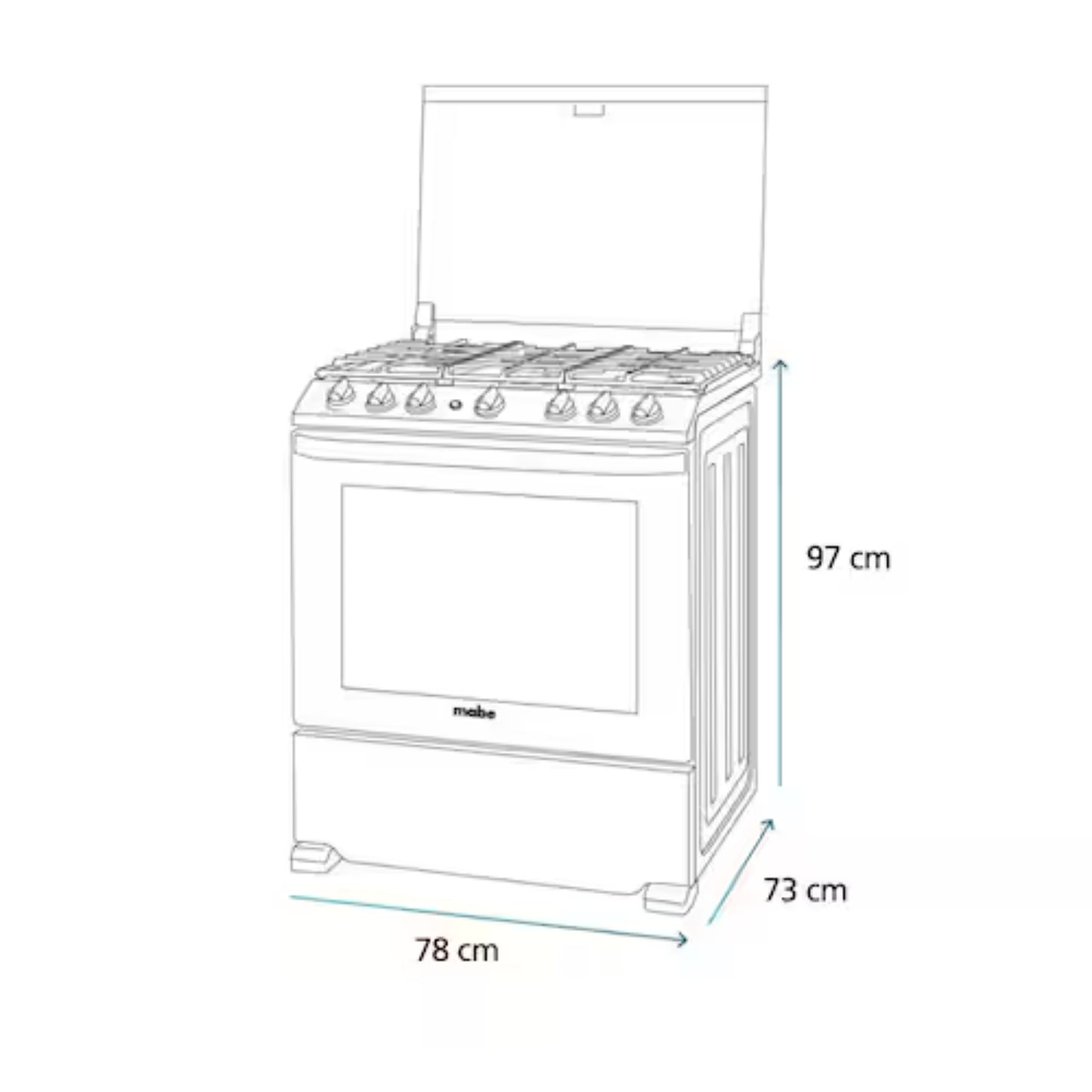 Estufa MABE blanca frontal, cocina con cuatro quemadores y horno
