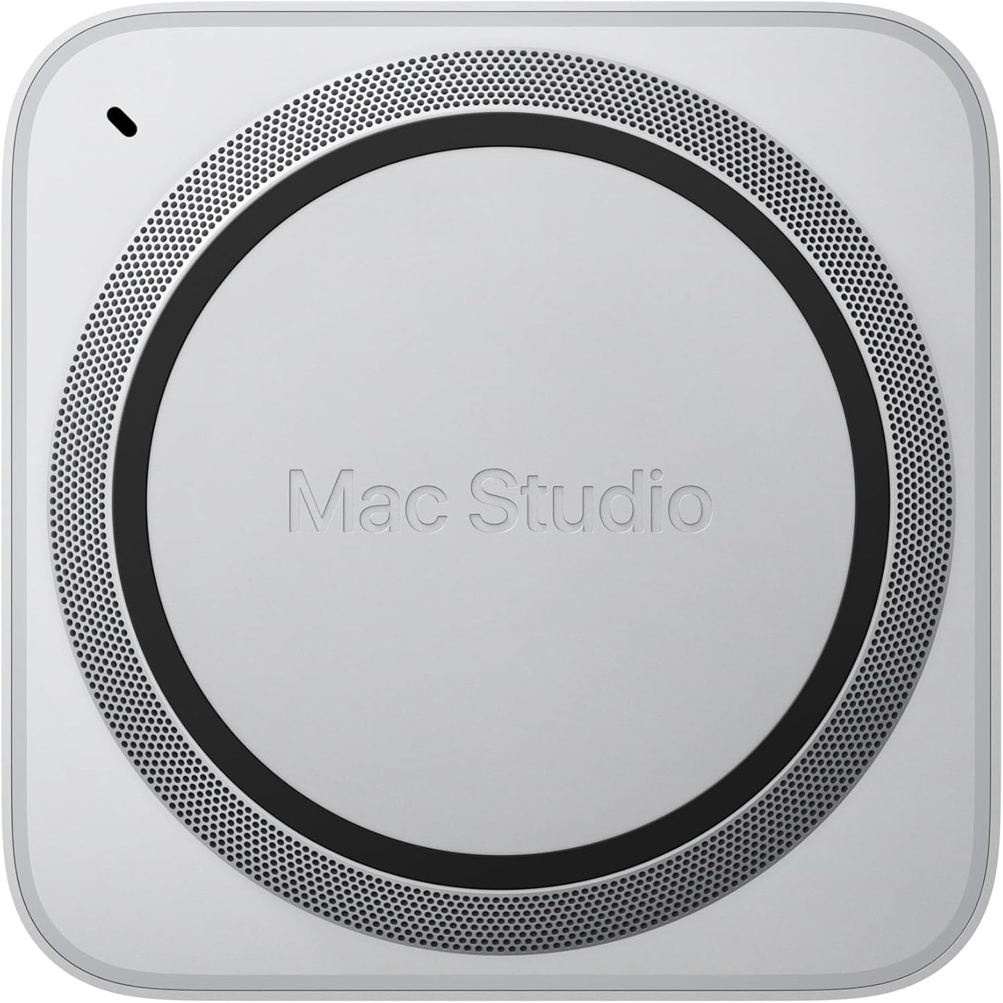 Mac Studio plateado, vista superior, diseño moderno para profesionales creativos