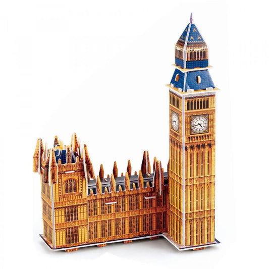 Modelo arquitectónico de Big Ben Londres en colores amarillos y azules, vista frontal