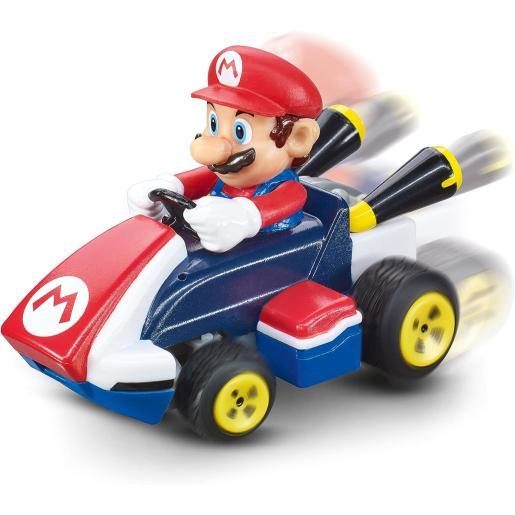 Mario Bros. coche de juguete azul y rojo, vista frontal, con detalles de personaje