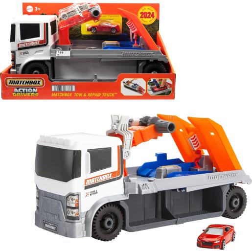 Carro grúa Matchbox naranja y gris con remolque y coche rojo