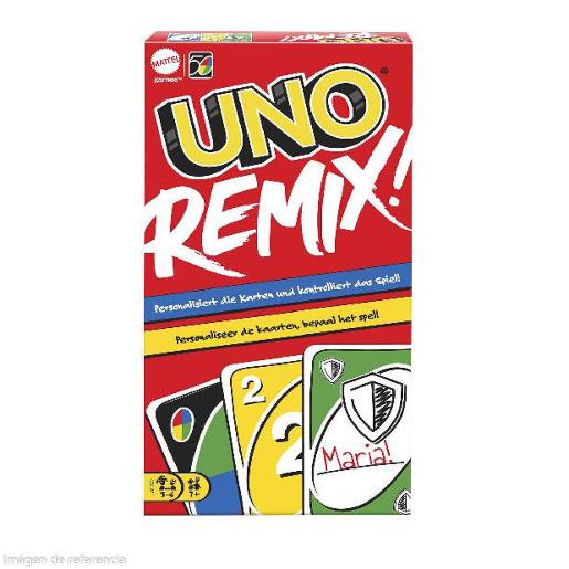 Juego de cartas UNO Remix de Mattel, caja roja con colores variados y diseño divertido