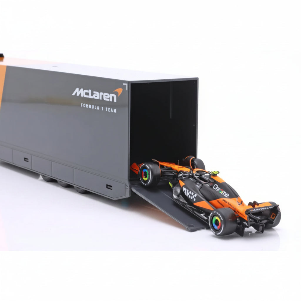 Maisto F1 McLaren naranja con camión, vista frontal y modelo detallado