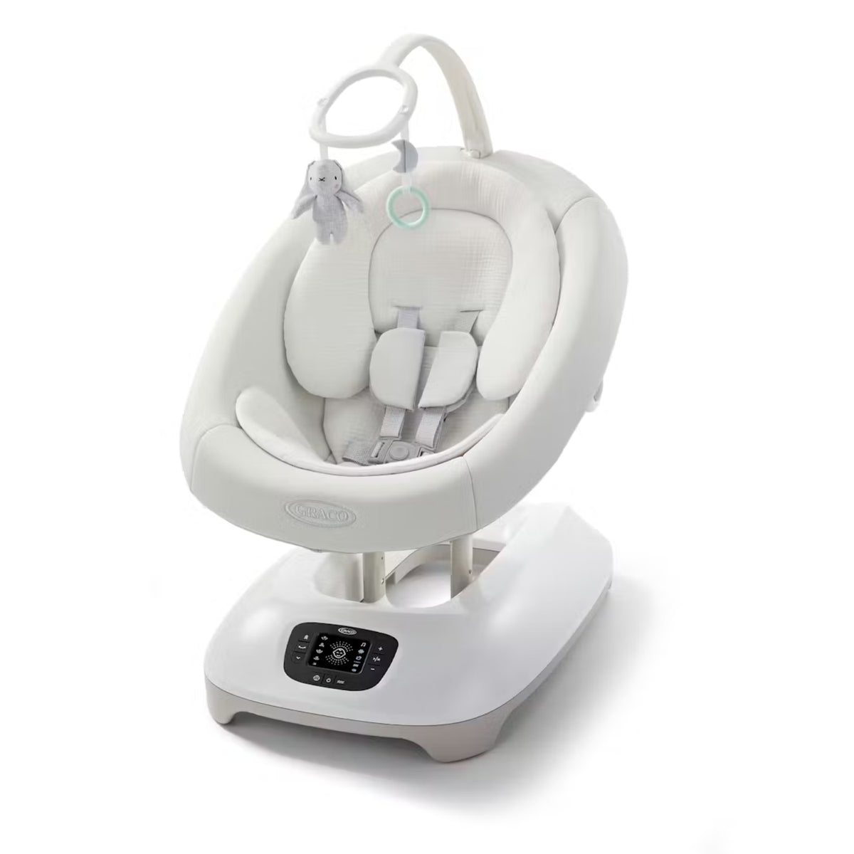 Mecedera Graco blanca con control táctil y diseño ergonómico, ideal para bebés