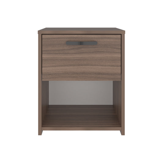 mesa de noche marrón con cajón frontal, dormitorio moderno