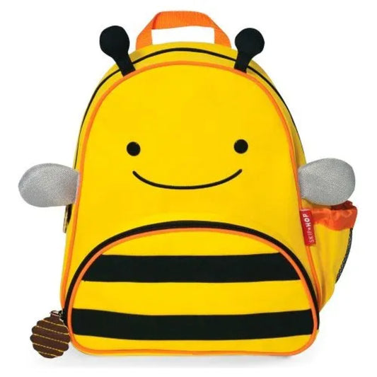 mochila infantil amarilla con diseño de abeja, vista frontal