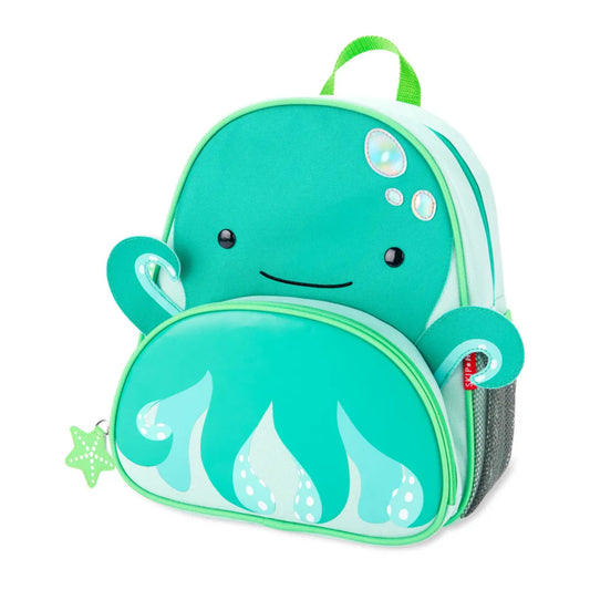 mochila infantil verde con diseño de pulpo, vista frontal y divertida