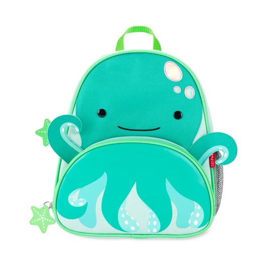 mochila infantil color verde con diseño de pulpo, vista frontal
