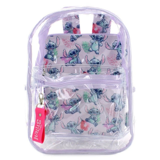 Mochila transparente morada con diseño de Stitch, vista frontal y detalles coloridos.