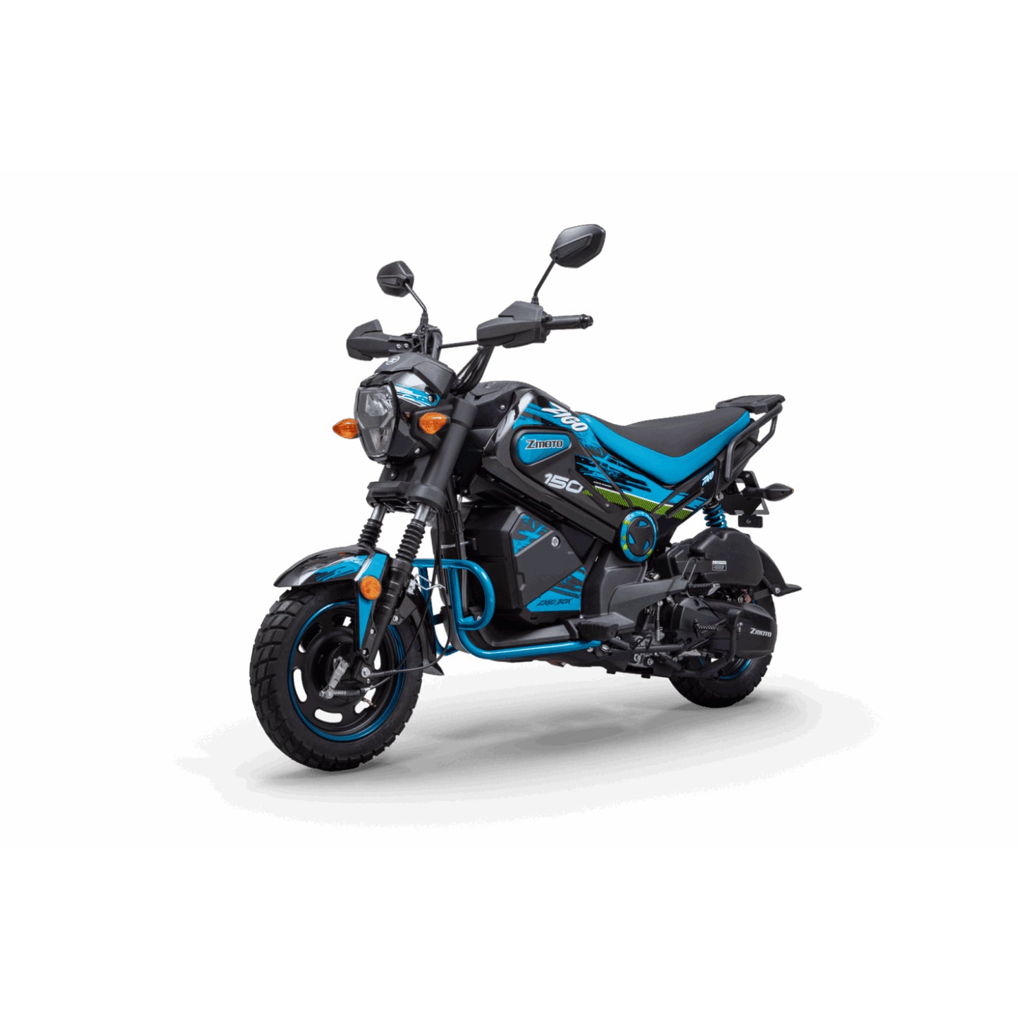 Moto 150 ZMOTO azul y negro, vista lateral en fondo blanco