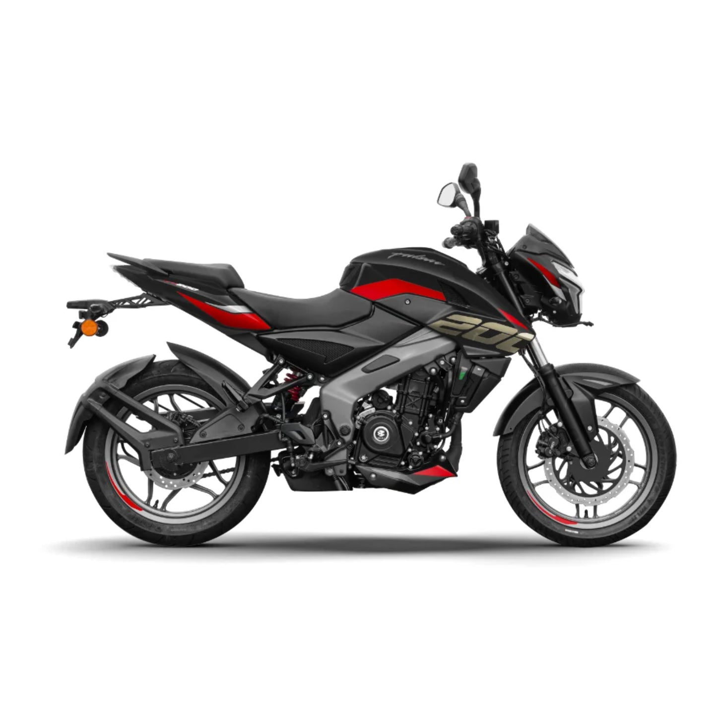 Moto BAJAJ negra con detalles rojos, vista lateral en entorno urbano