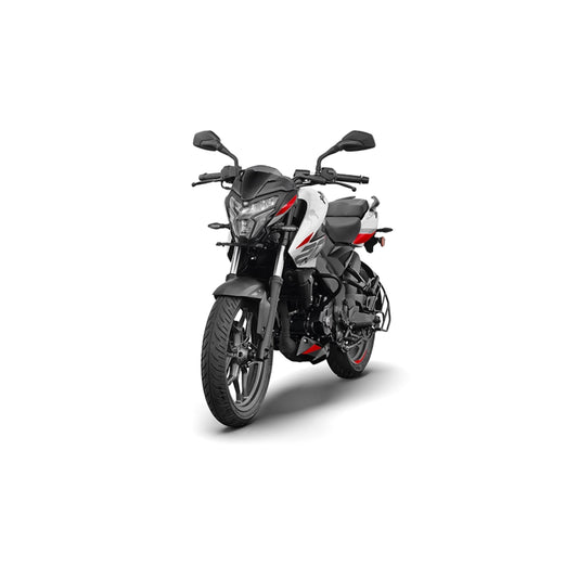 Motocicleta Bajaj en blanco y negro, vista frontal, ciudad