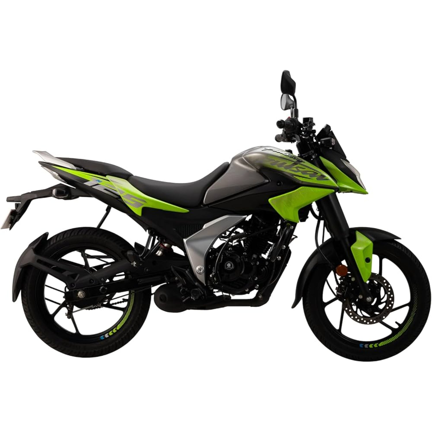Moto de 125cc Bajaj gris y verde, vista lateral en entorno urbano