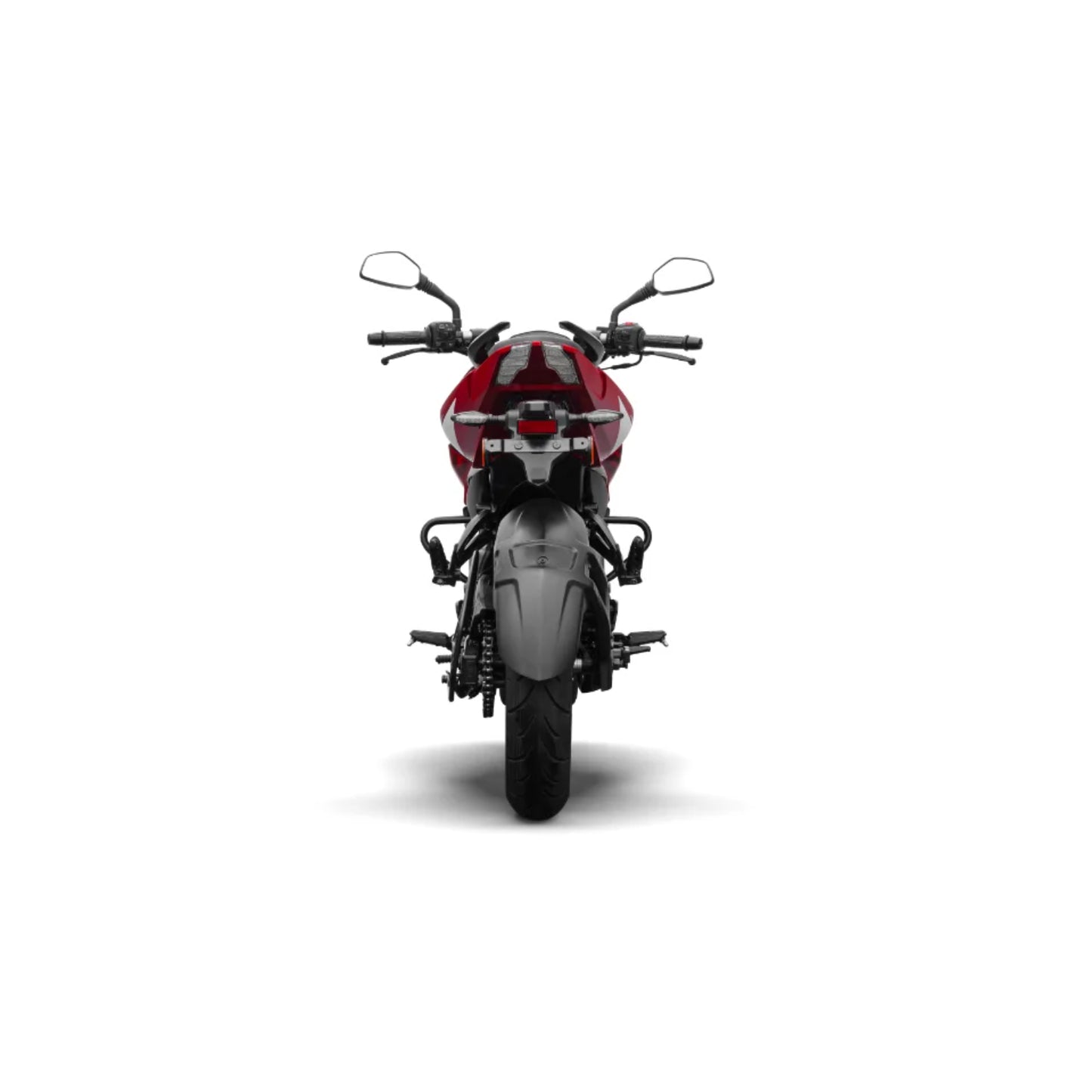 motocicleta BAJAJ LL080105 roja, vista trasera en carretera