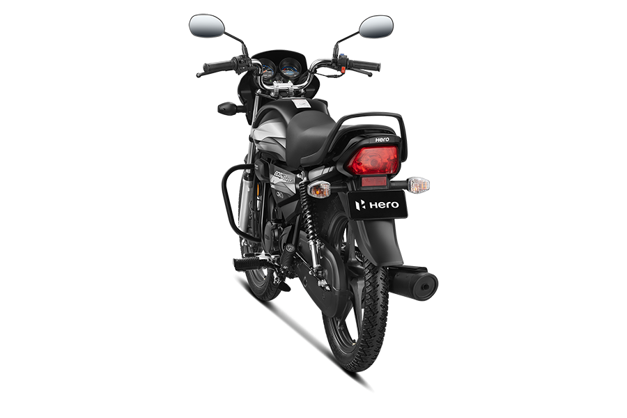 Motocicleta Hero Eco Deluxe negra desde atrás, ideal para conocer el precio en Honduras
