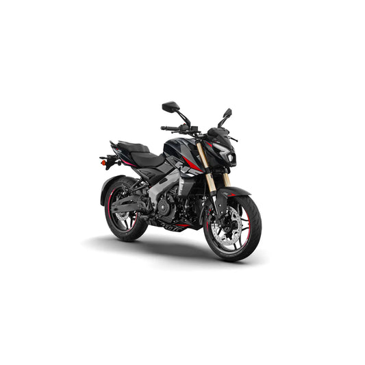 Motocicleta BAJAJ negra lateral, vista urbana