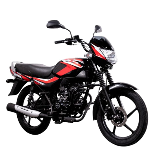motocicleta negra y roja lateral, vista en estudio