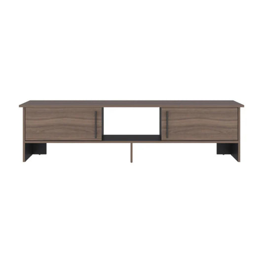 rack de madera marrón frontal, sala de estar, con espacio para dispositivos