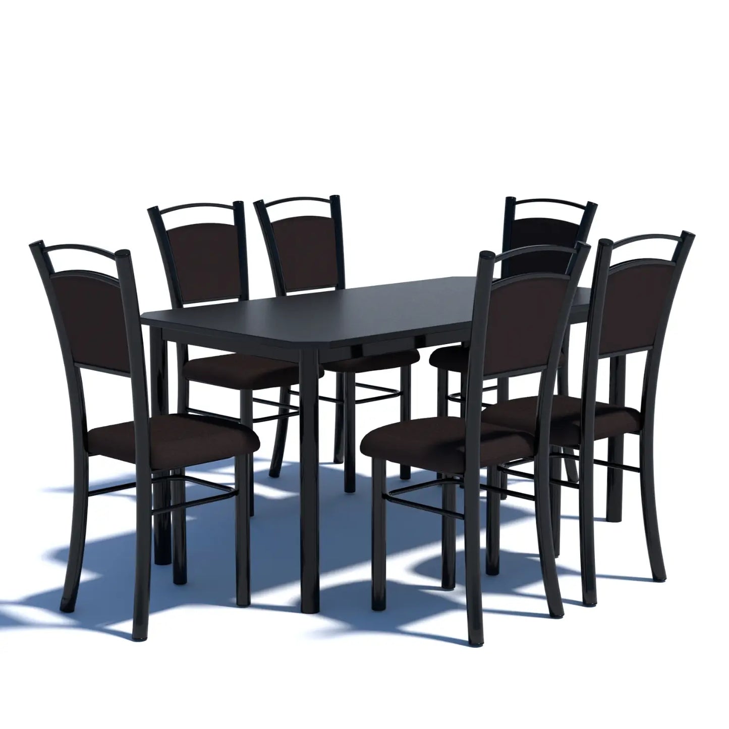 mesa de comedor negra con seis sillas, estilo moderno, ambiente familiar