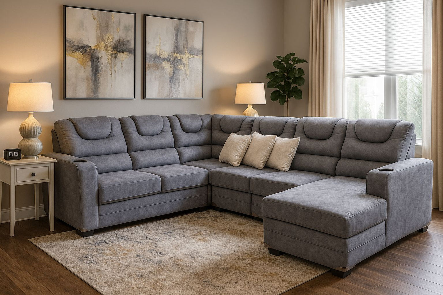 Seccional gris claro en tela sued con cojines cómodos y diseño moderno para salas de estar elegantes