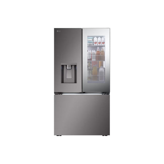 Refrigeradora LG gris frontal con dispensador de agua y vista para bebidas