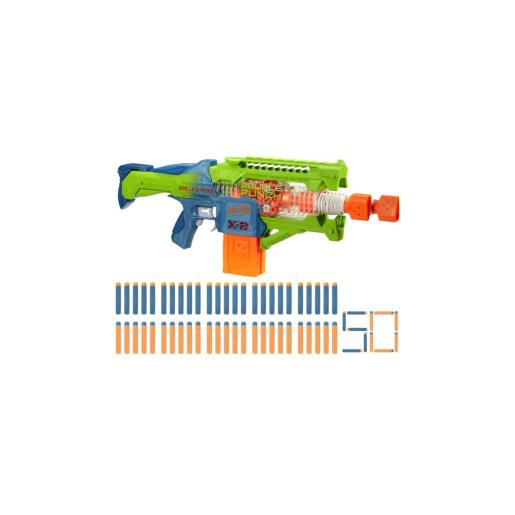 Pistola Nerf de colores verde y azul con municiones naranja, vista lateral