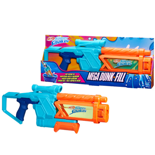 Pistola juguete Nerf Mega Dunk Fill color azul y naranja, vista frontal en su caja