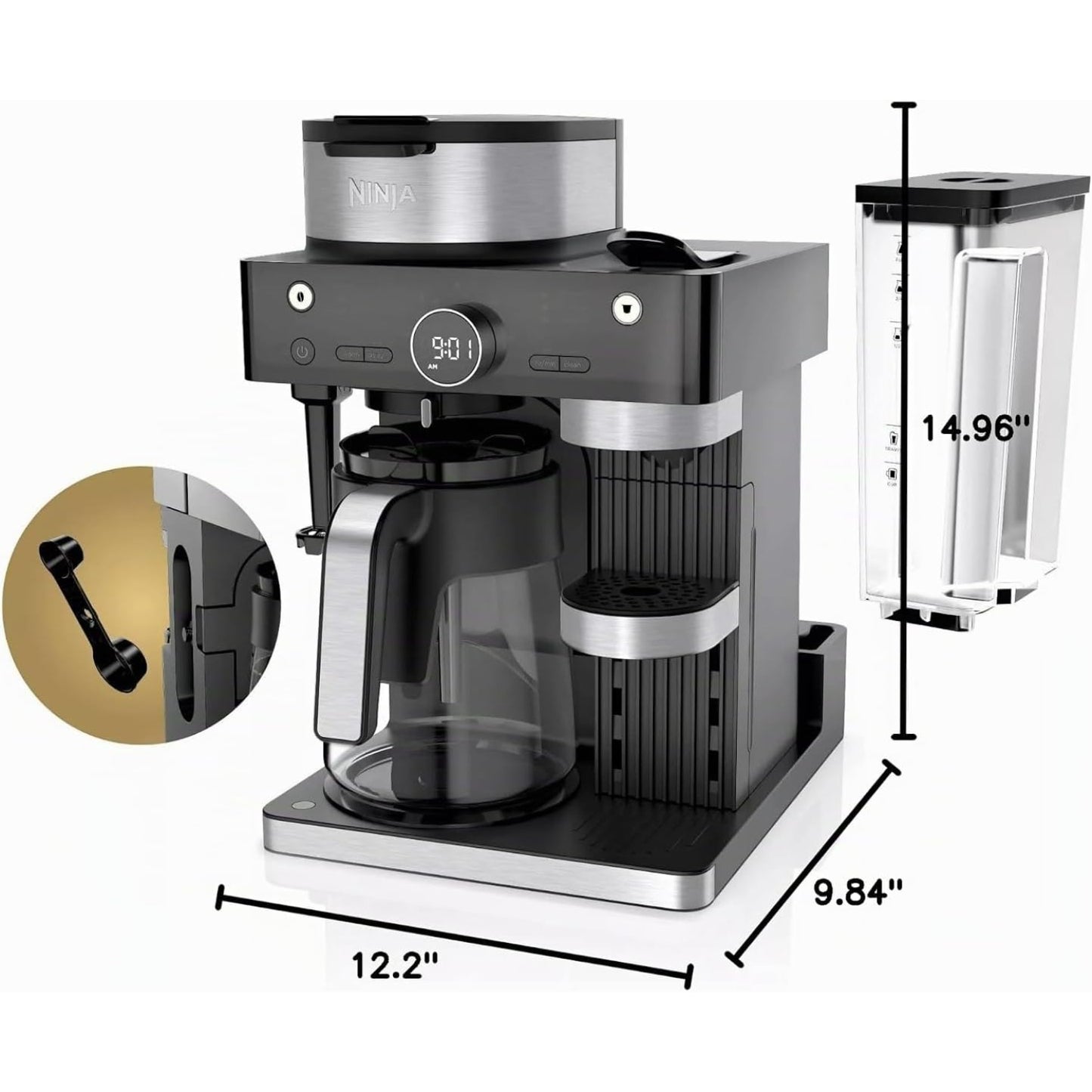 Cafetera Ninja negra vista frontal, con jarra y medidor de agua