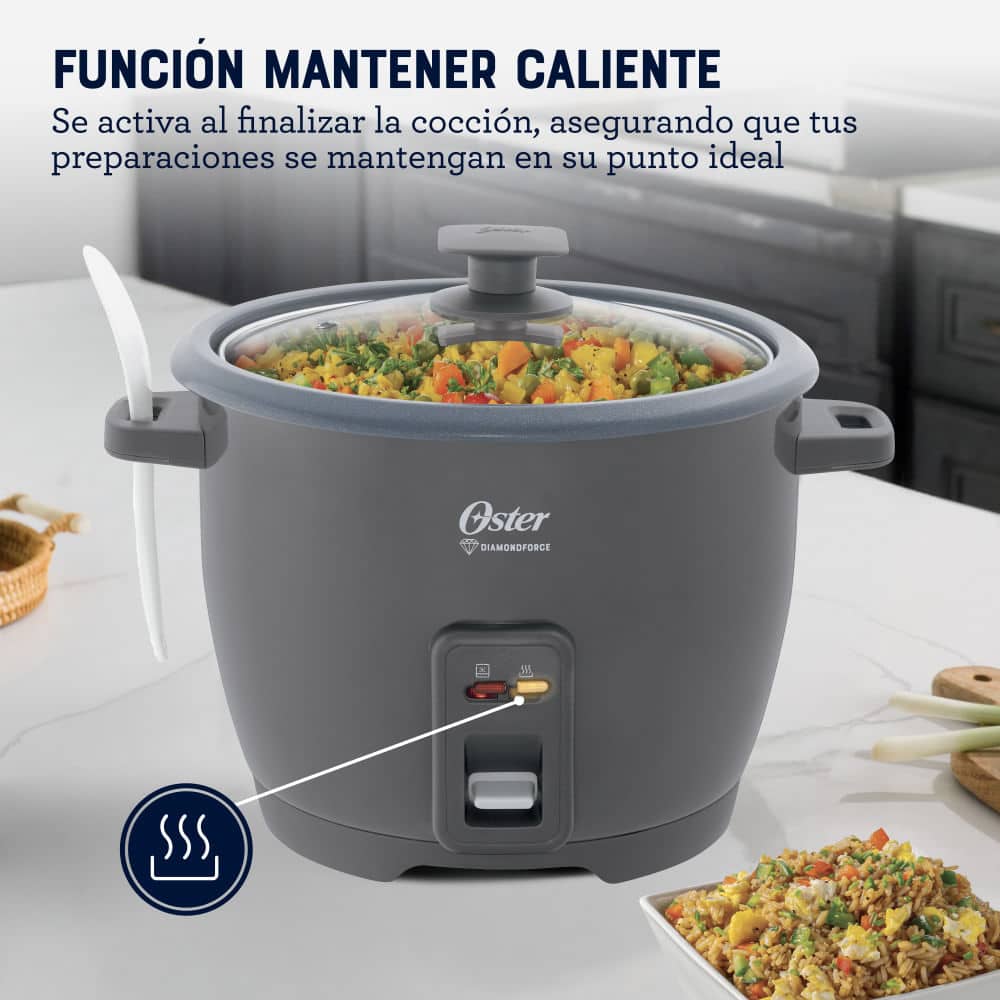 Olla arrocera Oster 10 tazas en uso con función mantener caliente y verduras cocidas al vapor