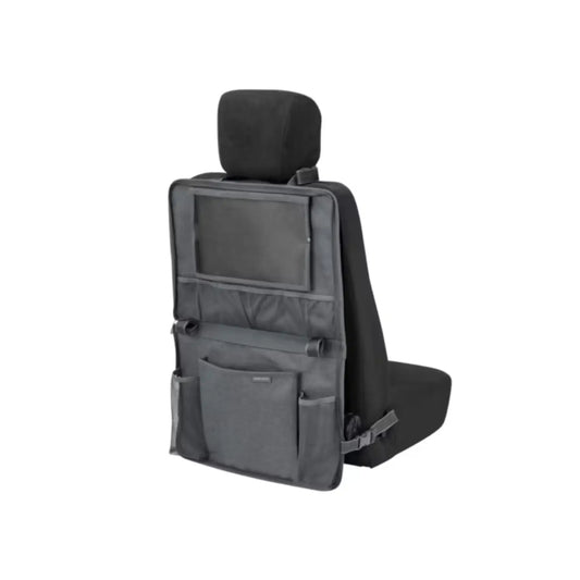 Organizador gris para vehículo, vista trasera en asiento, ideal para almacenamiento