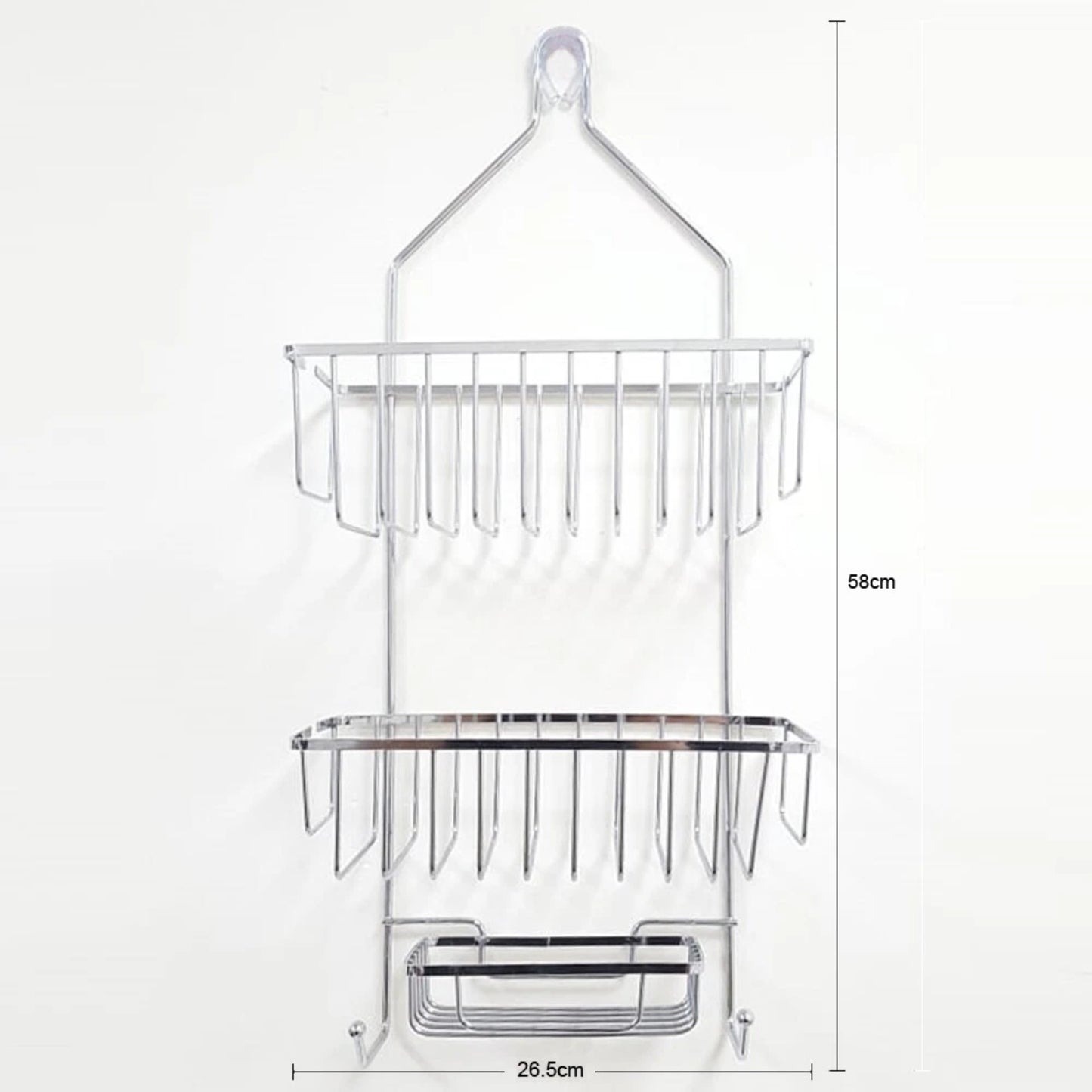 Organizador cromado de baño, con estantes colgantes y medida de 58 cm