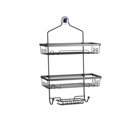 Organizador negro con estantes y ganchos, baño o cocina