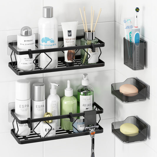 organizador negro para baño, productos de cuidado personal en estantes