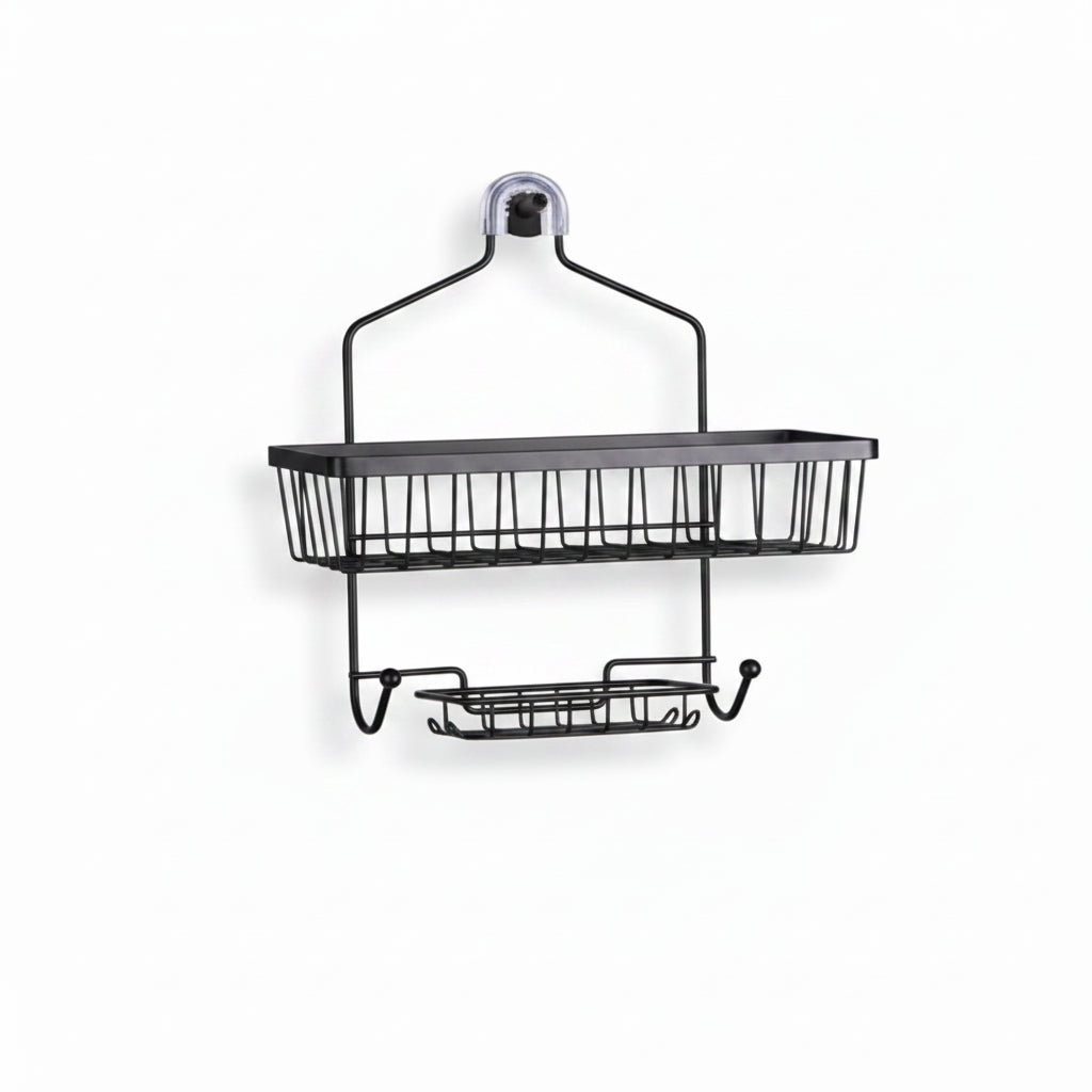 Organizador negro de baño, estante para accesorios, vista frontal