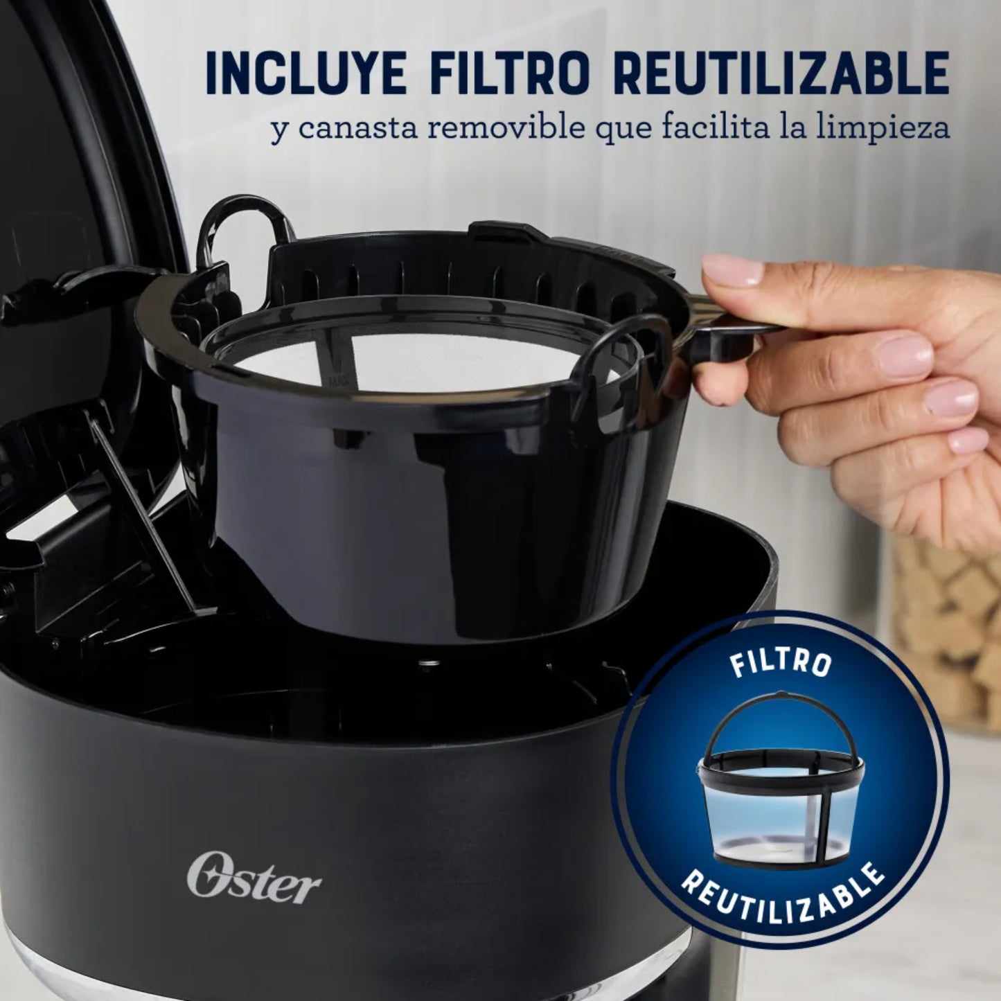 Cafetera programable 12 tazas Oster con filtro reutilizable y canasta fácil de limpiar