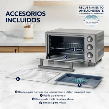 Horno freidora de aire Oster 17 litros con accesorios incluidos como bandejas y rejilla para cocinar