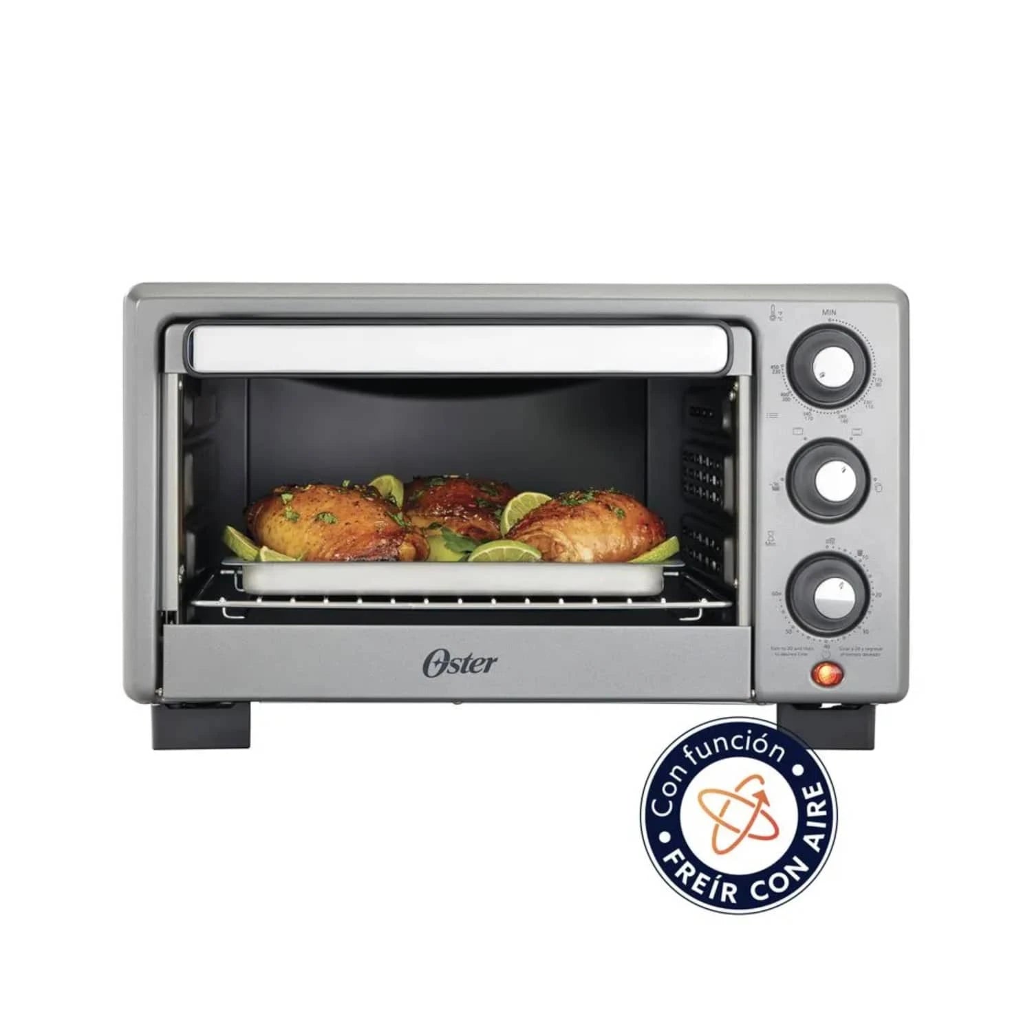 Horno freidora de aire Oster 17 litros con alimentos cocinándose en la bandeja interior y diseño moderno