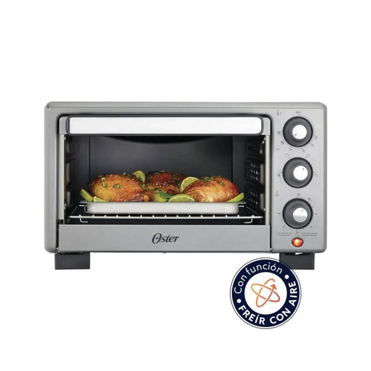 Horno freidora de aire Oster 17 litros con alimentos cocinándose en la bandeja interior y diseño moderno