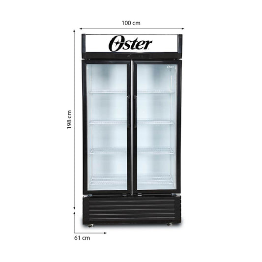 Refrigerador Oster negro frontal, dos puertas, vista de 100 cm x 198 cm