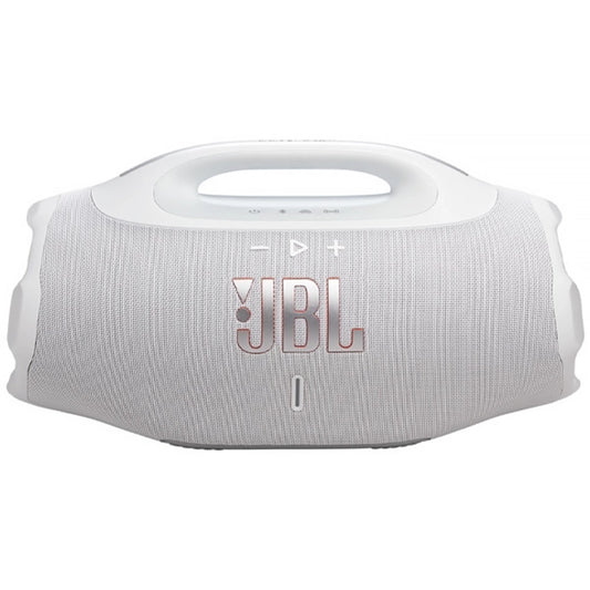 Parlante JBL gris frontal, ideal para fiestas y exteriores