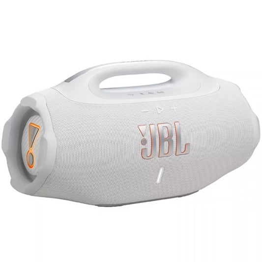 Parlante JBL blanco lateral con asa para transporte fácil
