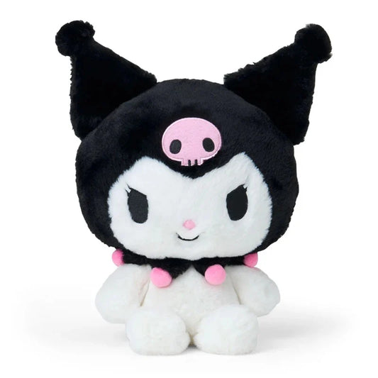 Peluche negro y blanco de SANRIO, personaje con orejas y detalles rosas, vista frontal.
