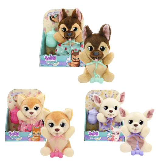 Peluche de perro modelo LL03, colores variados, vista frontal y caja de presentación