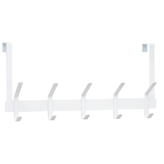 Perchero blanco de pared con cinco ganchos, ideal para organizar ropa.