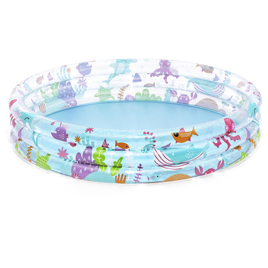 piscina hinchable infantil colores vivos, vista lateral, jardín