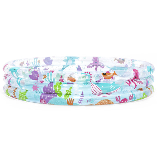 Piscina hinchable infantil con diseño colorido y divertido, vista lateral