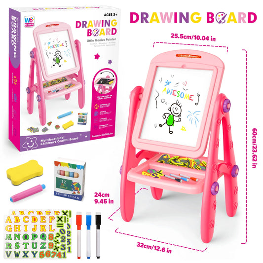 Pizarra de dibujo rosa con accesorios, vista frontal en un entorno creativo