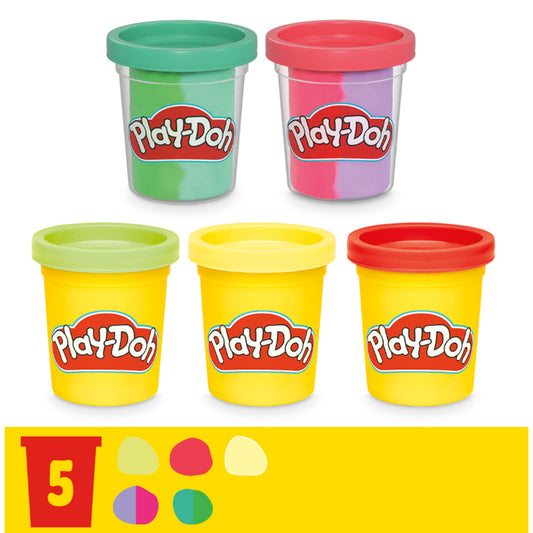 Cinco botes de Play Doh en colores verde, fucsia, amarillo y rojo, vista frontal