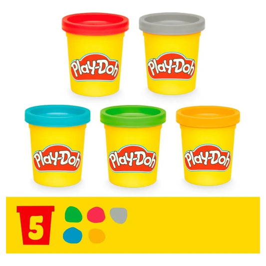 Cinco botes de plastilina Play-Doh de colores variados, ideales como herramientas de juguete